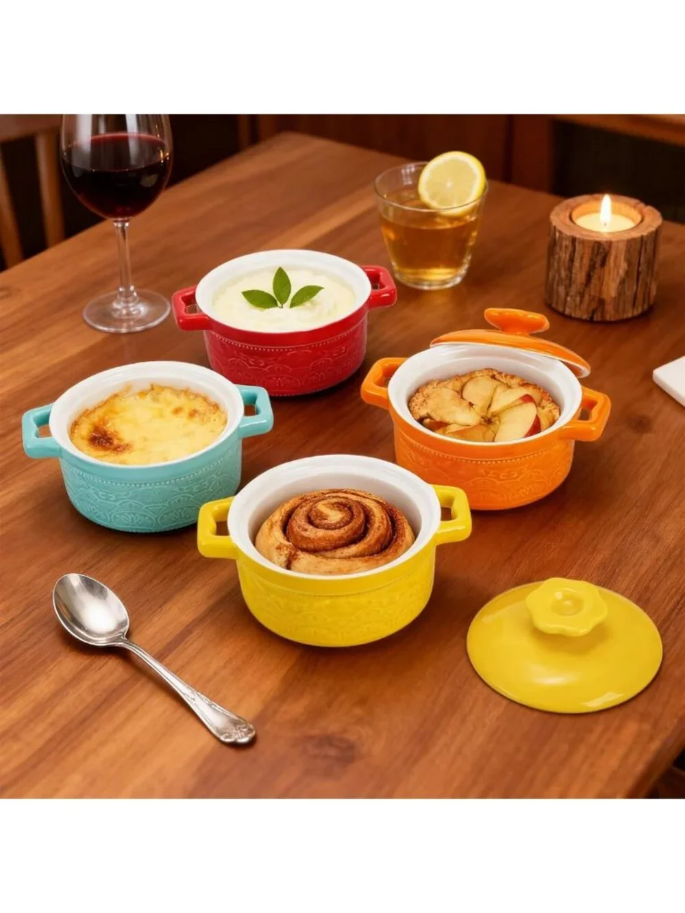 Set of 6 Mini Cocotte Ramekins with Lids - Oven Safe Ceramic Casserole Dishes, 8